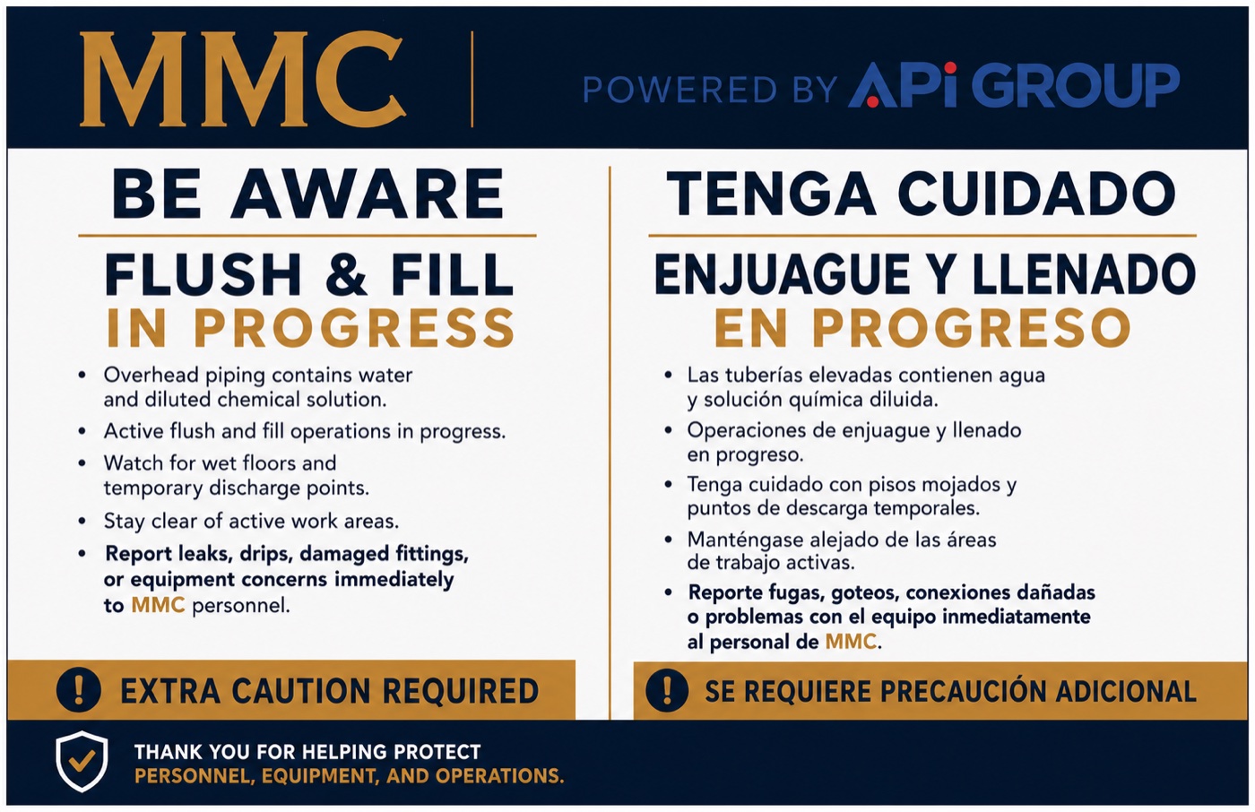 Bilingual flush and fill awareness sign designed for Metropolitan Mechanical Contractors