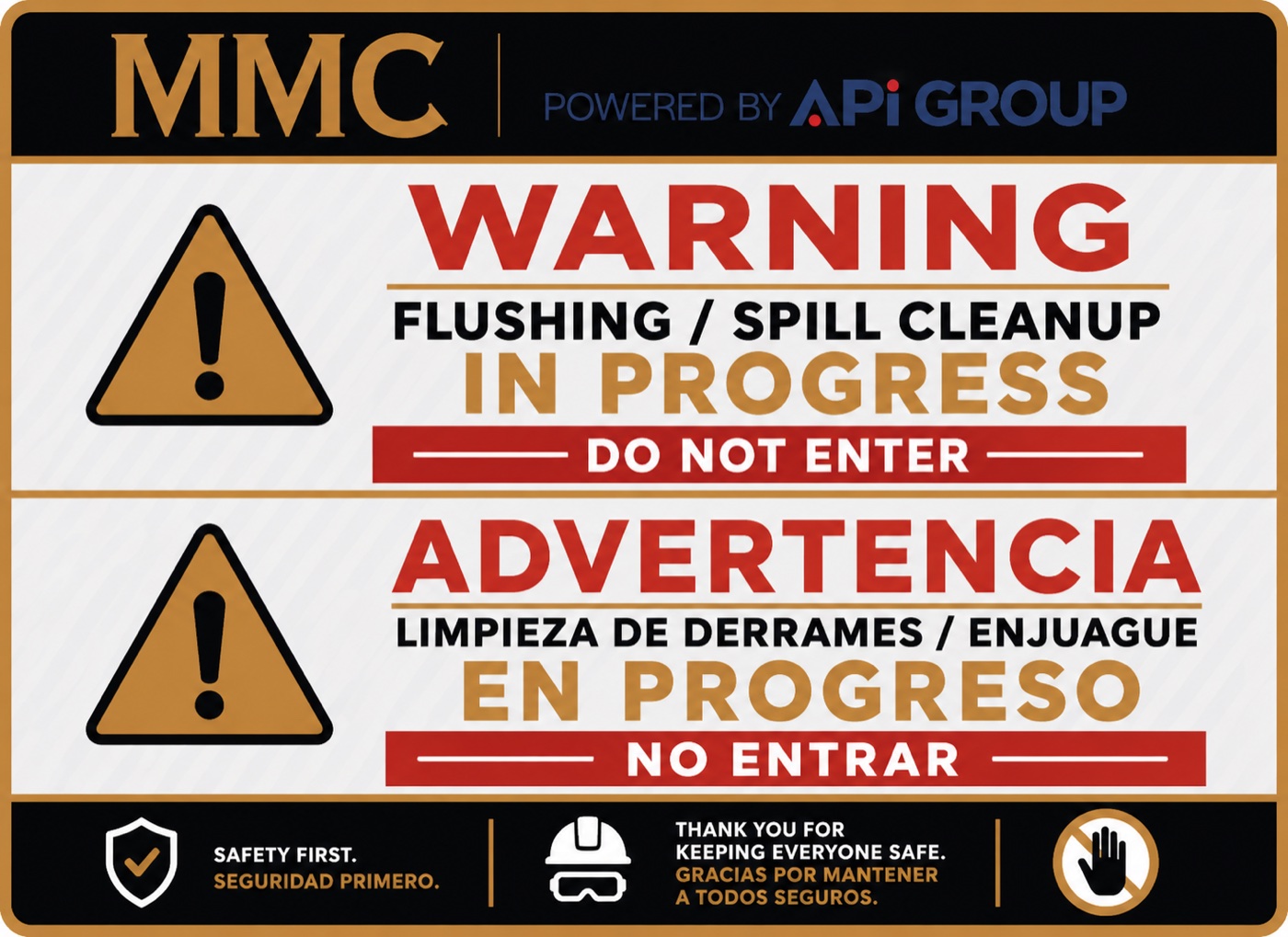 Bilingual flushing and spill cleanup warning sign designed for Metropolitan Mechanical Contractors